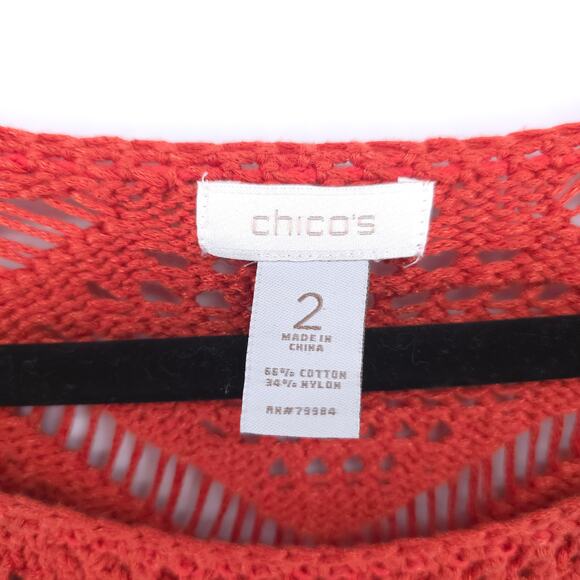 CHICOS Boho Orange Open Lace Knit Art Deco Sweater Cropped Sleeves 2 (12/14) - Picture 6 of 13